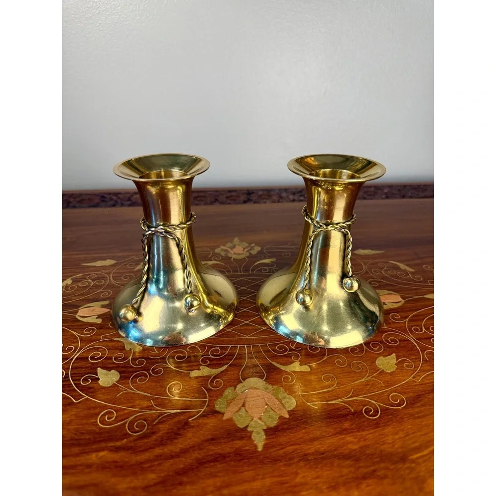 Vintage Brass Candlestick Pair • Tassel Taper Candle Holders